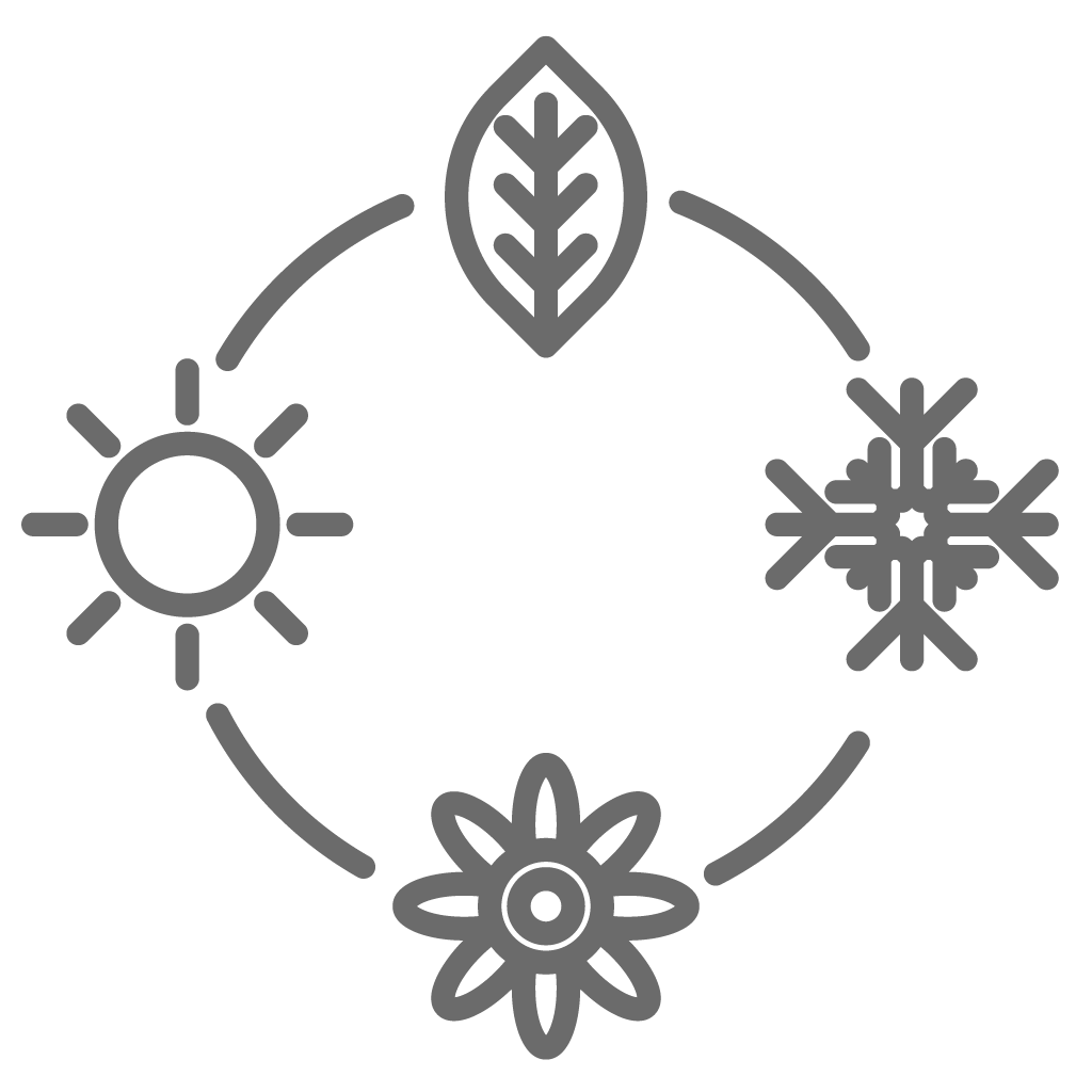 Das Bild zeigt ein kreisförmiges Diagramm mit vier Symbolelementen: eine Sonne, eine Schneeflocke, eine Blume und eine Pflanze. Die Symbole sind durch eine gestrichelte Linie verbunden und symbolisieren verschiedene Umwelt- oder Wetterphänomene im Zusammenhang mit Jahreszeiten oder Klimaveränderungen.