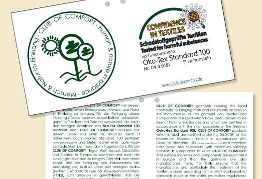 Bild eines Zertifikats mit dem Logo des "CLUB OF COMFORT" und dem Slogan "human & nature underline". Das Zertifikat bestätigt, dass Textilien schadstoffarm gemäß Öko-Tex Standard 100 geprüft wurden. Der Text enthält weitere Informationen zur Qualitätssicherung und Zertifizierungsnummer, sowie die Webseite www.clubofcomfort.de.