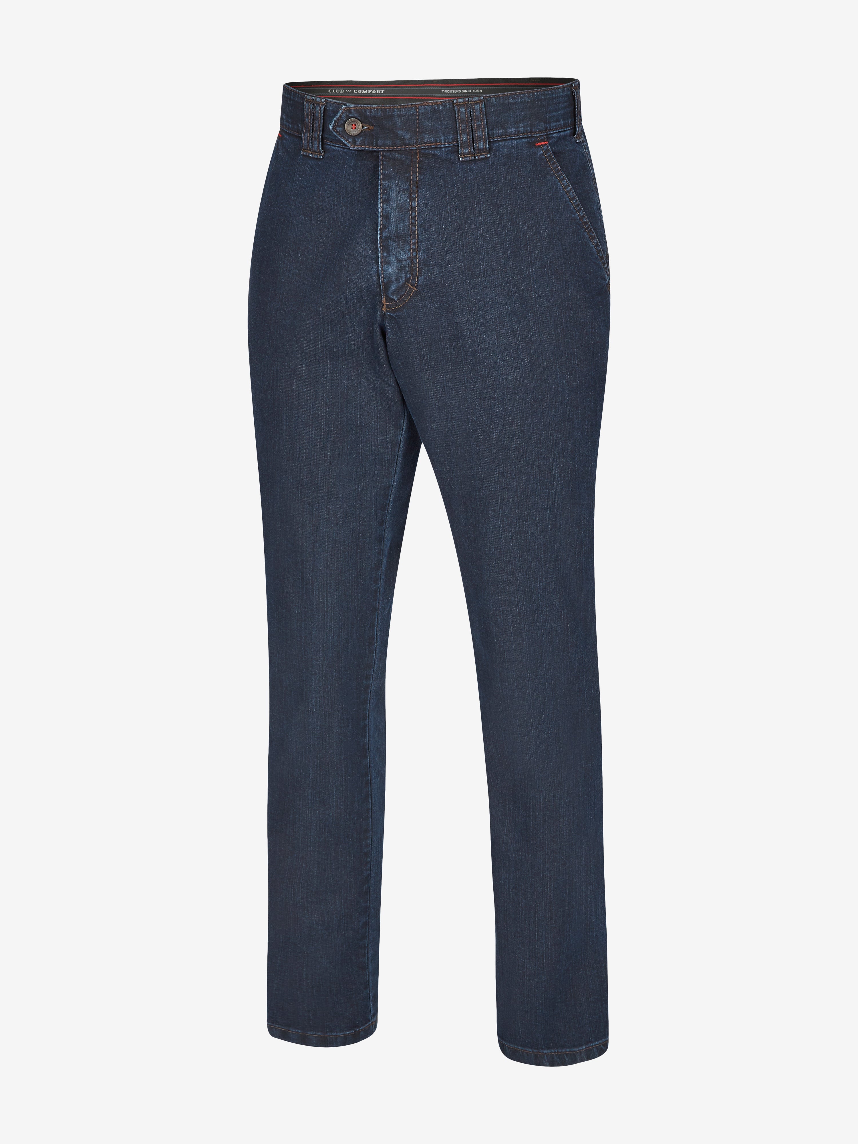 Dunkelblaue DALLAS 4631 Flat Front-Hose aus robustem Stretch-Denim mit elastischem Komfortbund, Hemdenstopper und geradem Bein. Bequeme Jeanshose, normale Leibhöhe, hergestellt von Club of Comfort, für Ganzjahresnutzung.