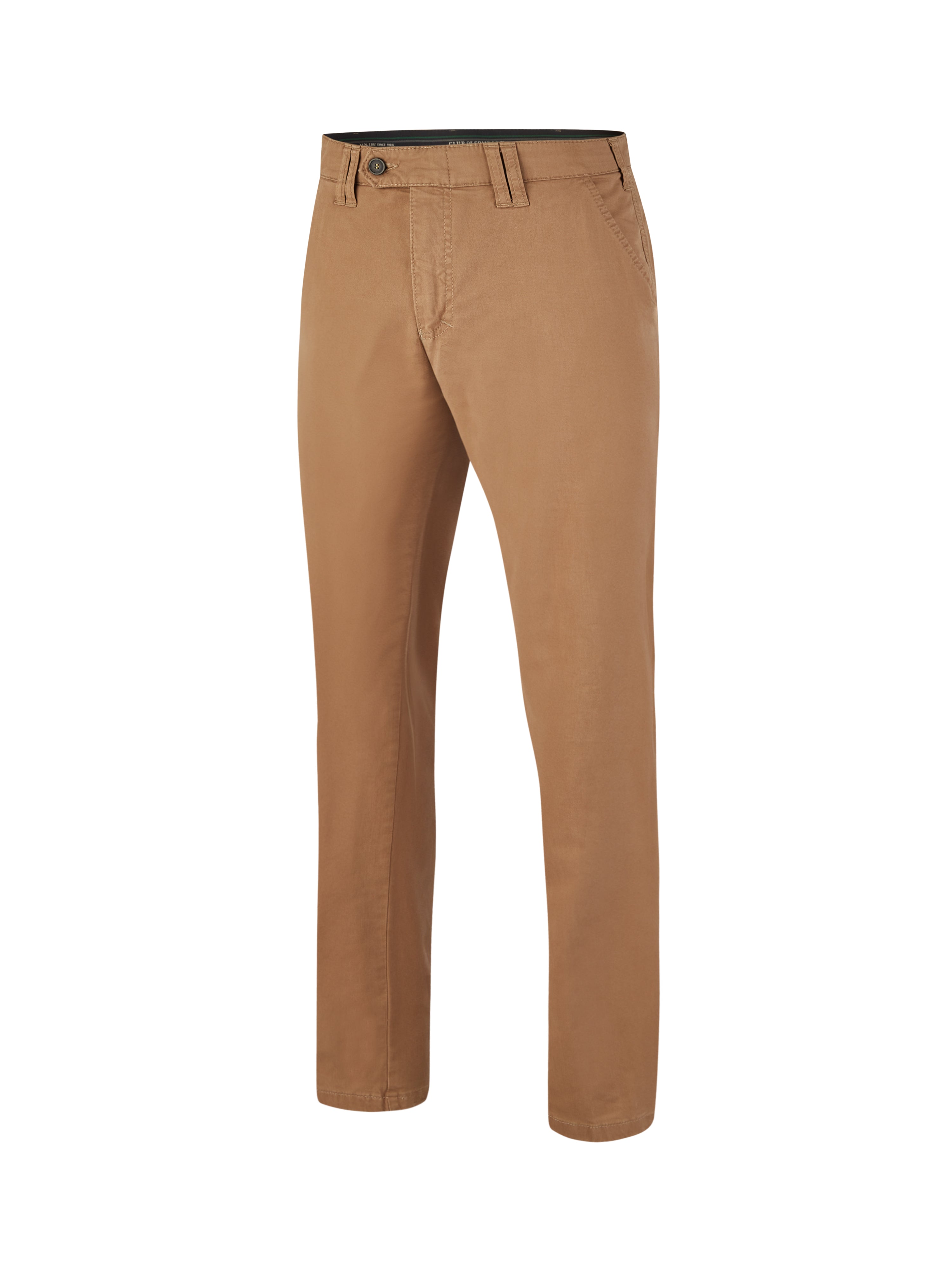 Bequeme beige Flat Front-Hose von Club of Comfort, aus Baumwoll-High Stretch, mit elastischem Komfortbund, Hemdstopper, Safety-Reißverschluss-Tasche am rechten Gesäß, geradem Bein, normale Leibhöhe, langlebig, Made in Green by Oeko-Tex, für gepflegten, legeren Look, geeignet für ganzjährige Nutzung.