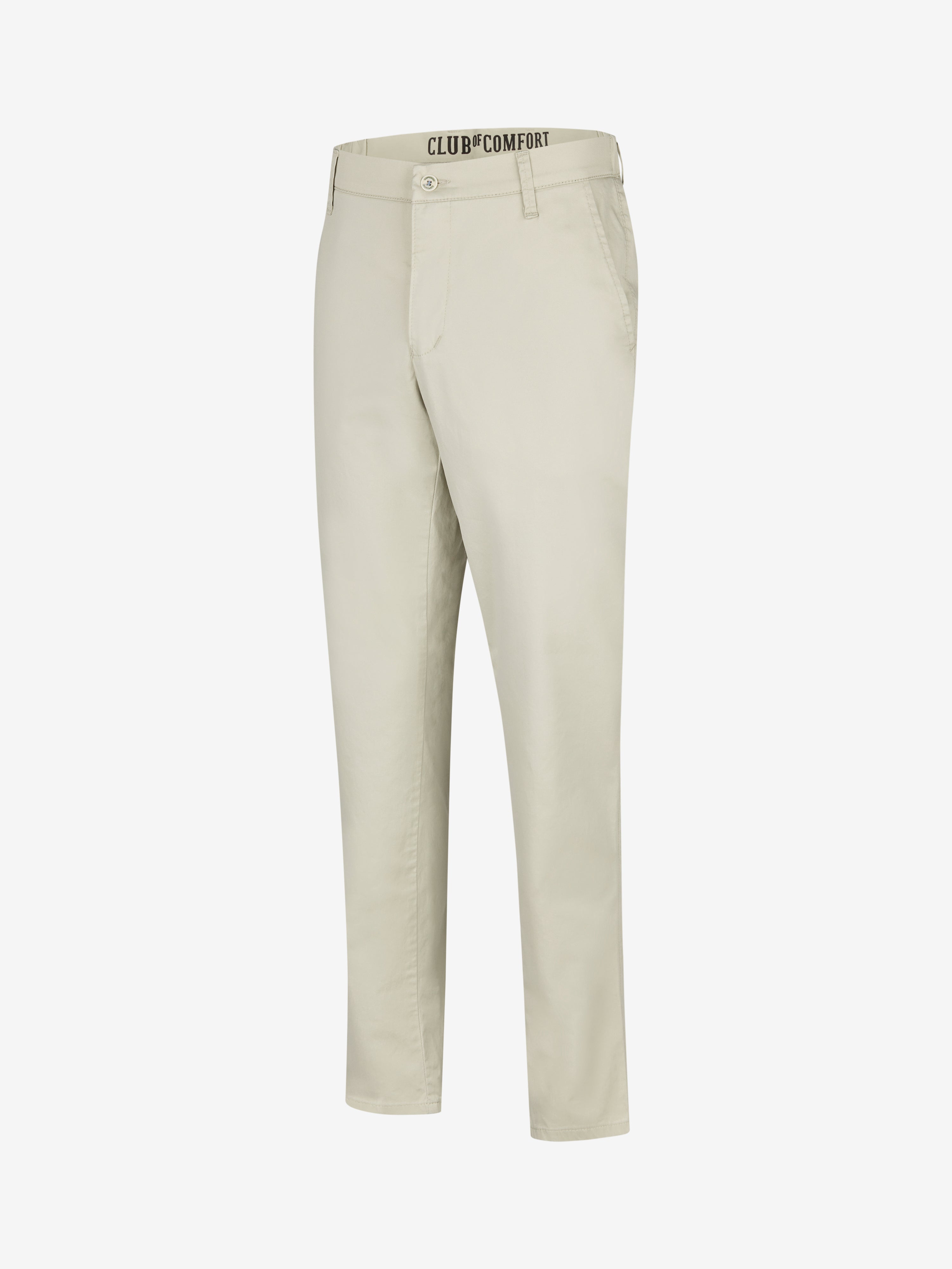 Beige Super bequeme Chino-Hose FOXX 8170 in Slim Fit, aus sommerleichter Baumwolle mit High Stretch Qualität, mit Comfort-Flex-Bund, Hemdenstopper, hoher Leibhöhe, schlankem Bein, made in Green by Oeko-Tex, geeignet für Frühjahr/Sommer.
