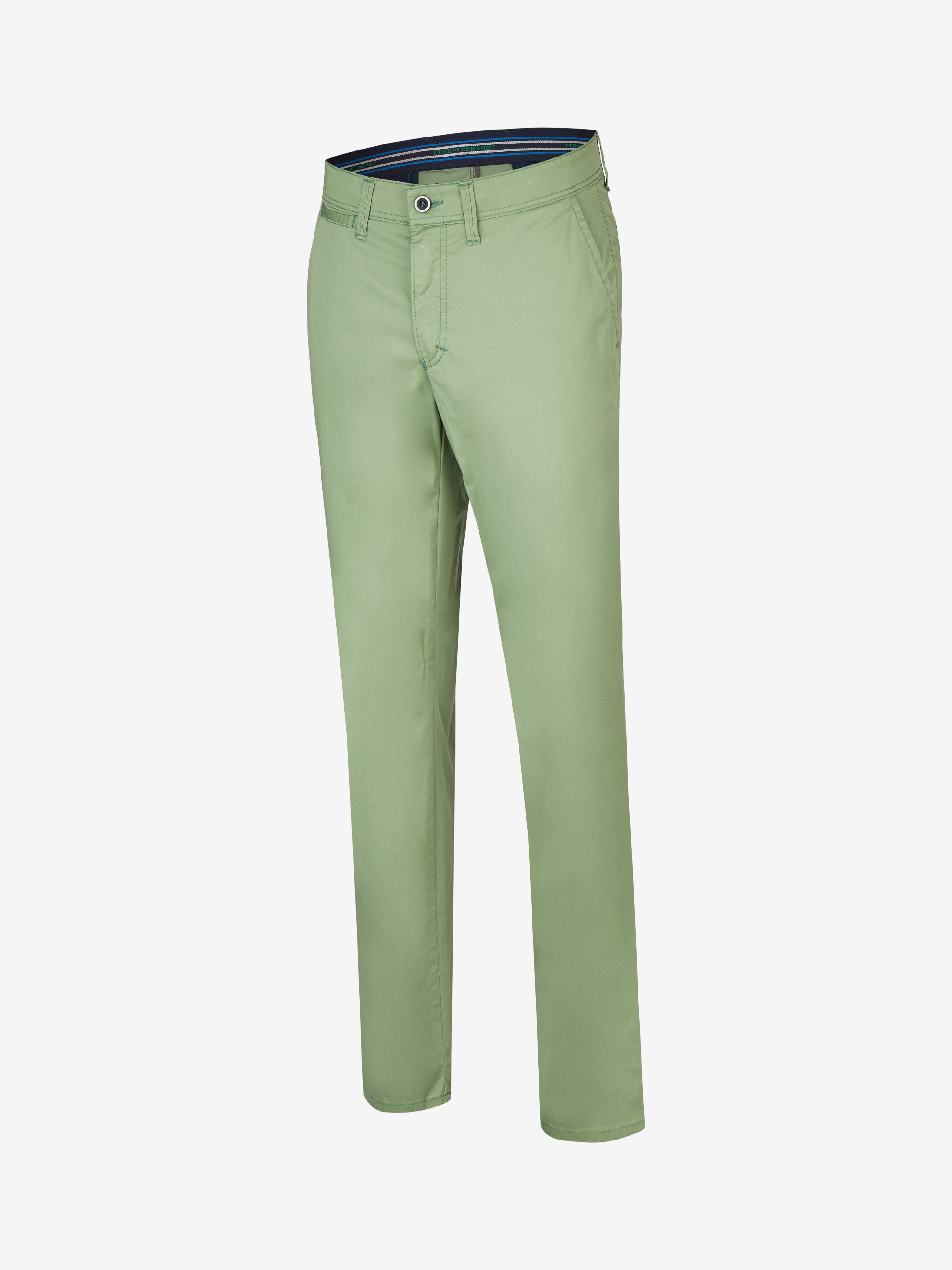 Helle grüne Flat Front-Hose GARVEY 5107 aus edler Pima Cotton-Qualität mit elastischem Komfortbund, Hemdstopper, Regular Fit, schlanker Beinverlauf, Kollektion Frühling/Sommer, mit Coldblack-Technologie, nachhaltigem Produktionsstil, Made in Green by Oeko-Tex, für Aktiv- und Alltagslook.