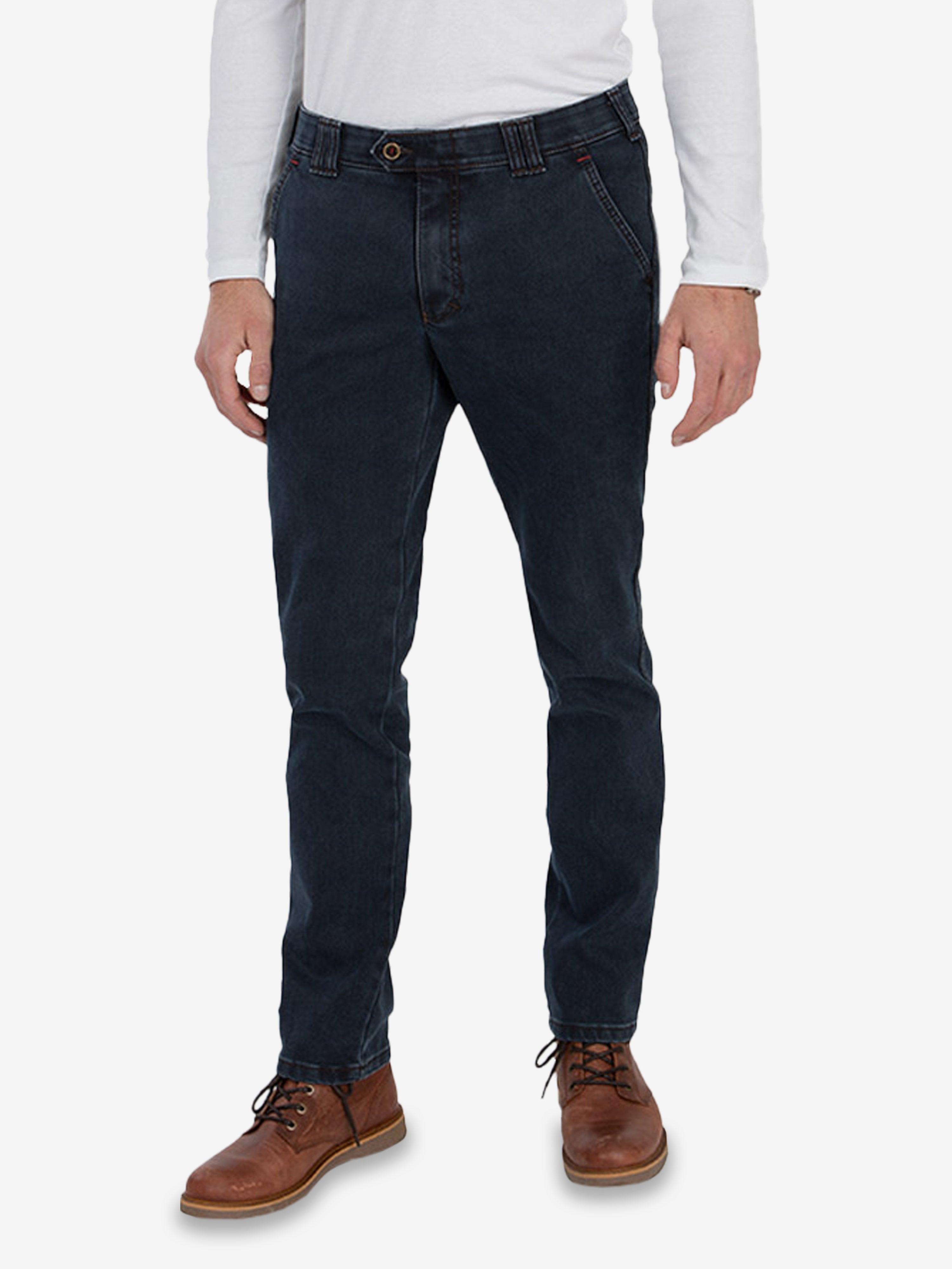 Dunkelblaue GARVEY 6822 Flat Front-Hose aus High Stretch-Denim mit Thermolite-Wärmeisolierung, elastischem Komfortbund, Hemdstopper, Bundverlängerung mit Knopf und Haken, normaler Leibhöhe, schlanker Beinverlauf, Made in Green by Oeko-Tex, für Herbst/Winter, reguläre Passform.