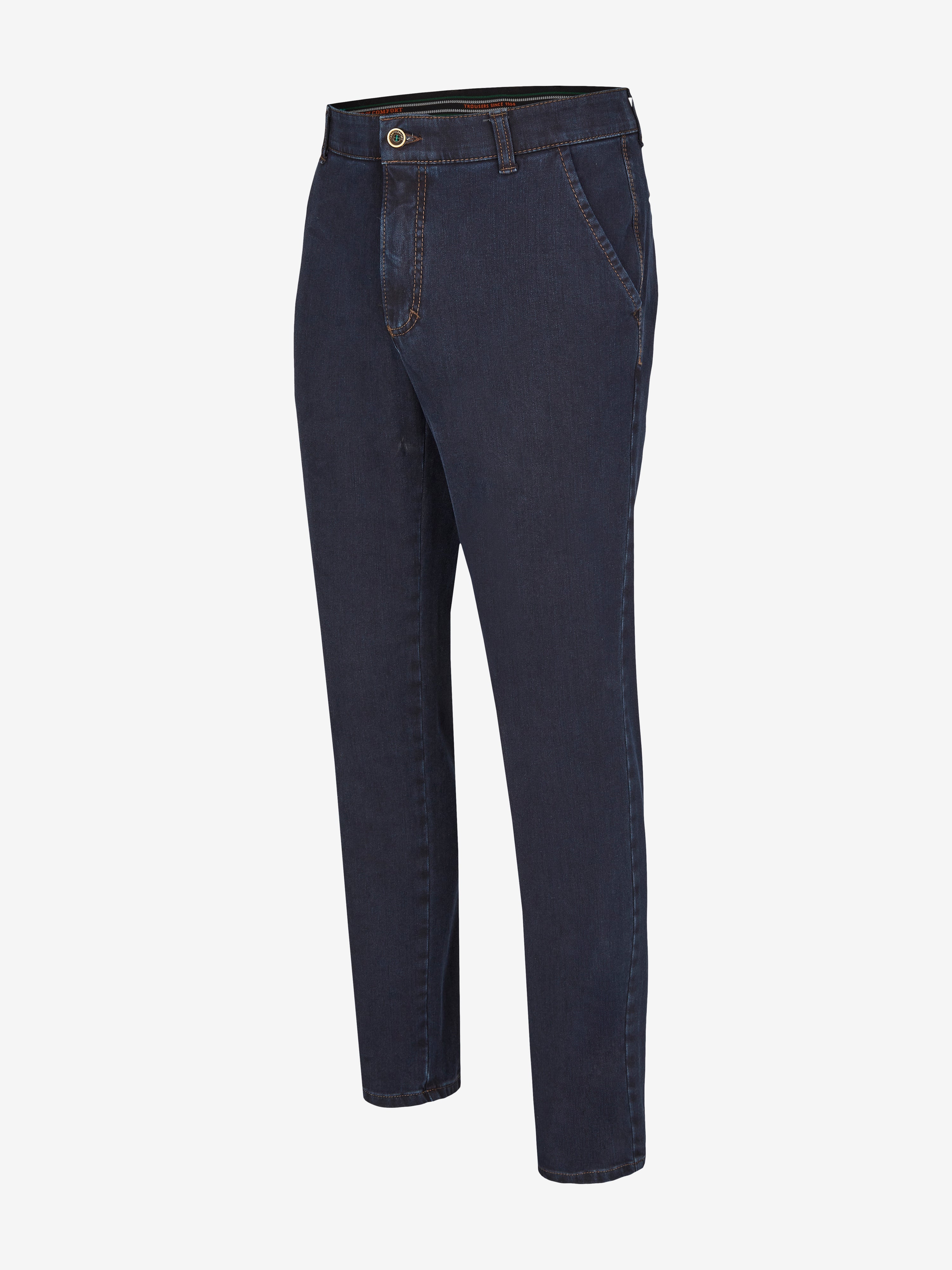 Dunkelblaue GARVEY 7054 Flat Front-Hose aus hochelastischem Bi-Stretch-Denim mit Komfortbund, Hemdstopper und Münztasche in der rechten Seitentasche. Regular Fit, normale Leibhöhe, schmaler Beinverlauf, geeignet für Ganzjahresnutzung.