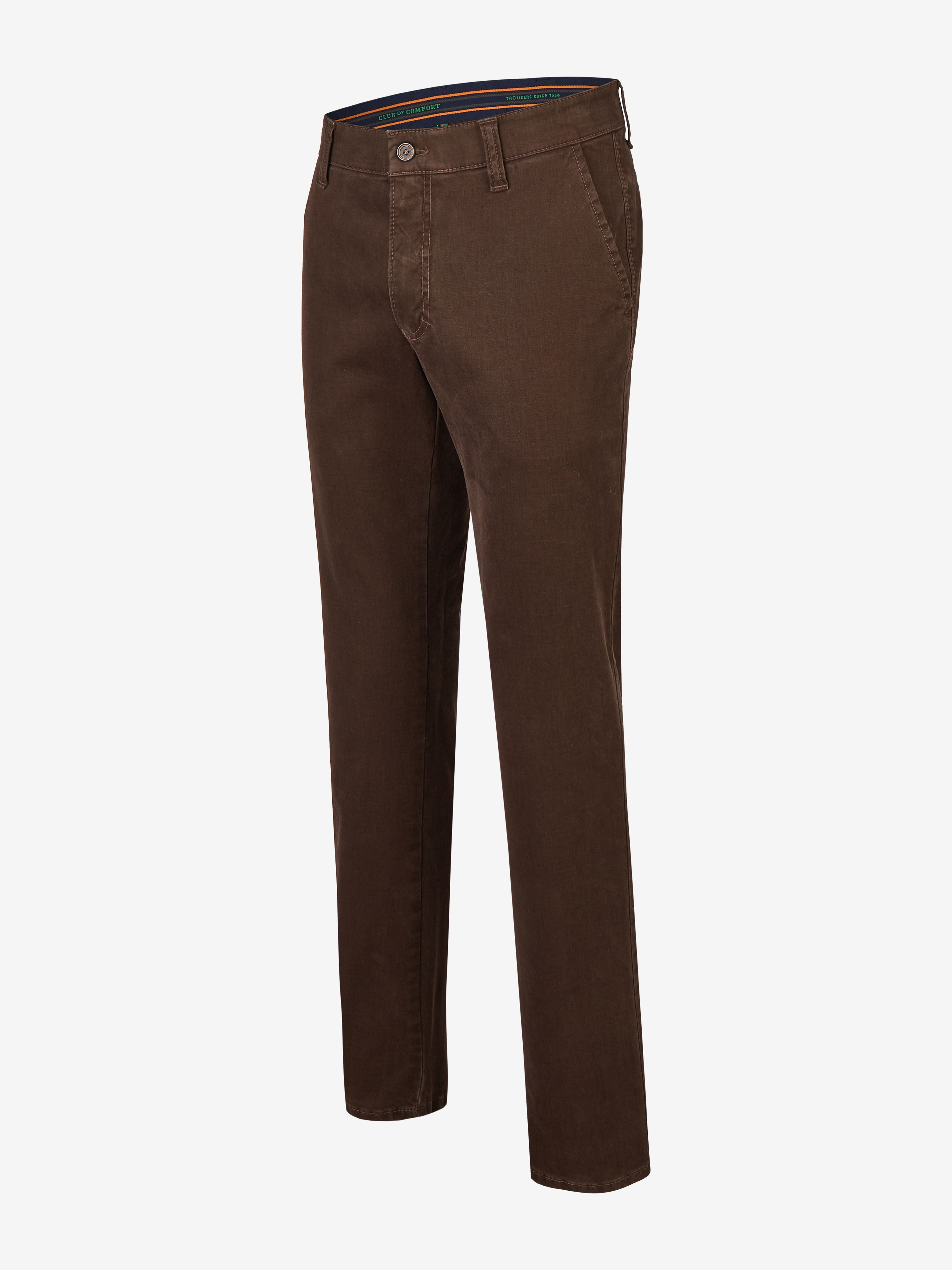Dunkelbraune GARVEY 7612 Flat Front-Hose aus hochelastischer Baumwolle mit Komfortbund, Hemdenstopper und Münztasche, schmaler Beinverlauf, normales Leibhöhenmaß, hergestellt von Club of Comfort, ideal für Herbst/Winter, mit Standard 100 by Oeko-Tex.