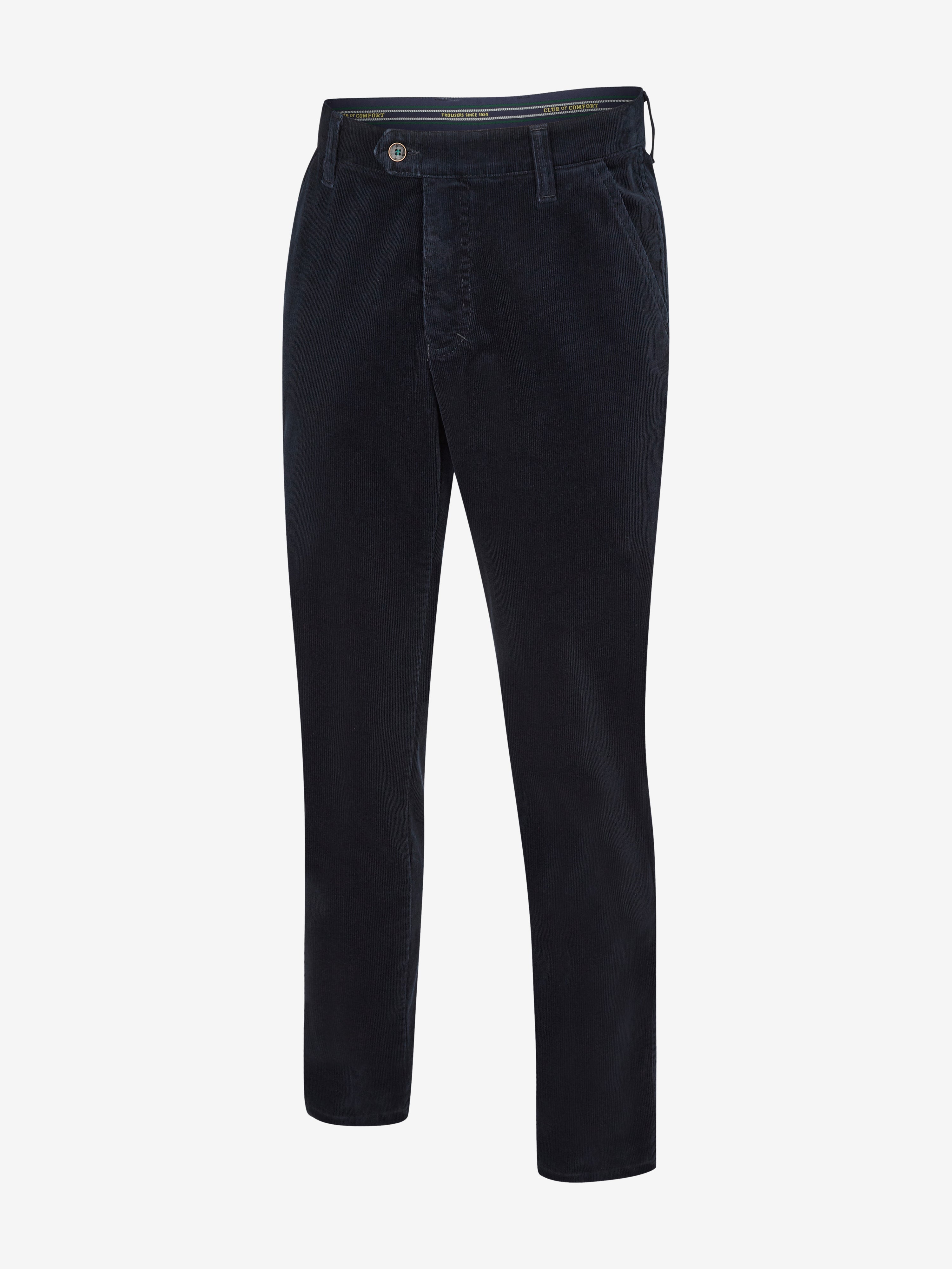 Bequeme GARVEY 8200 Marine Flat Front-Hose aus Feincord mit High Stretch, elastischem Komfortbund, Hemdenstopper, Bundverlängerung mit Knopf und Haken, normale Leibhöhe, schmaler Beinverlauf, Regular Fit, hergestellt von Club of Comfort, blau, geeignet für Herbst/Winter, Made in Green by Oeko-Tex.