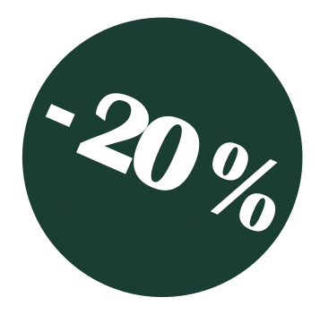 Ein dunkler grüner Kreis mit weißem Text, der einen Rabatt von 20 % anzeigt, wobei "-20 %" in der Mitte steht.