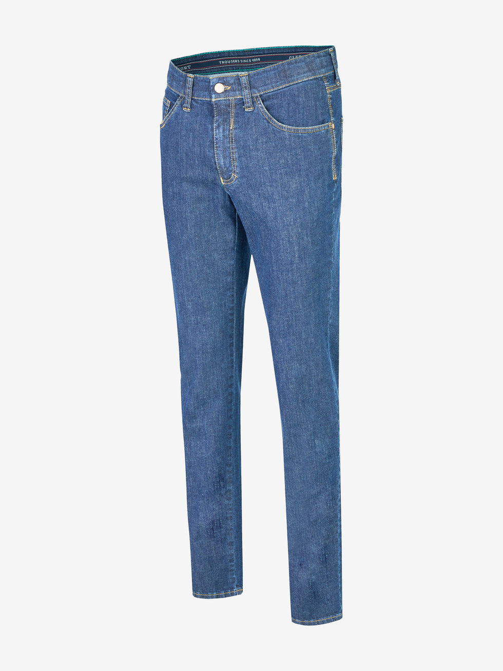 Hosenbild eines blauen Jeansmodells HENRY-Z6516 von Club of Comfort mit 6-Pocket-Design, elastischem Doppelstoffbund, Mobile Pocket, Kontrast-Münztasche, Slim Fit, aus leichtem, hoch elastischem Super High Stretch-Denim, nachhaltiger Produktion.