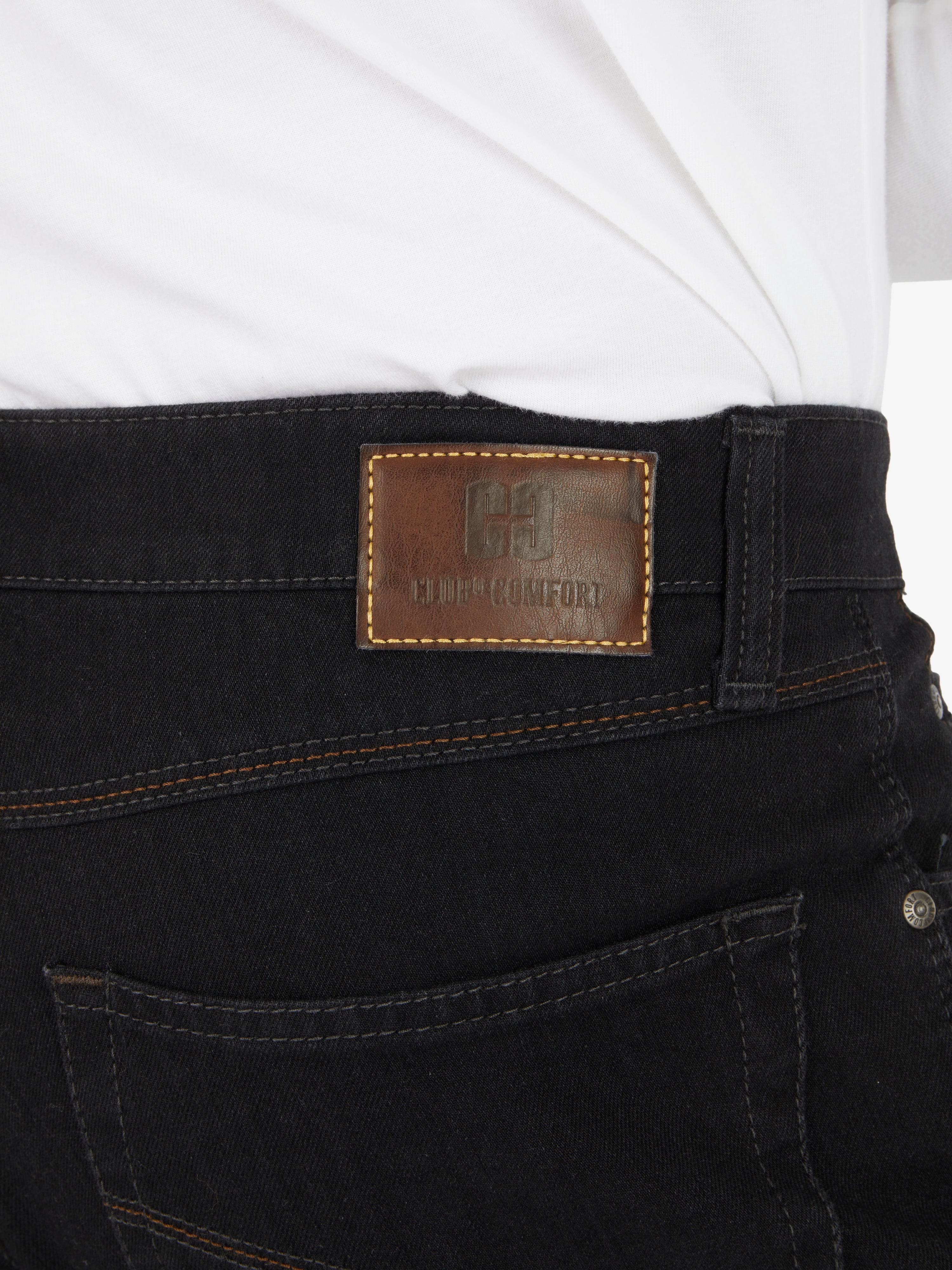 Hose von Club of Comfort in Anthrazit, Modell HENRY-Z7054, 6-Pocket Style mit elastischem Doppelstoffbund und Hemdstopper. Mit separater "Mobile Pocket" in der rechten Vordertasche für Smartphone. Aus hochelastischem Bi-Stretch-Denim, formstabil durch T400-Beimischung, normaler Sitz, schlankes Bein, leicht und komfortabel.