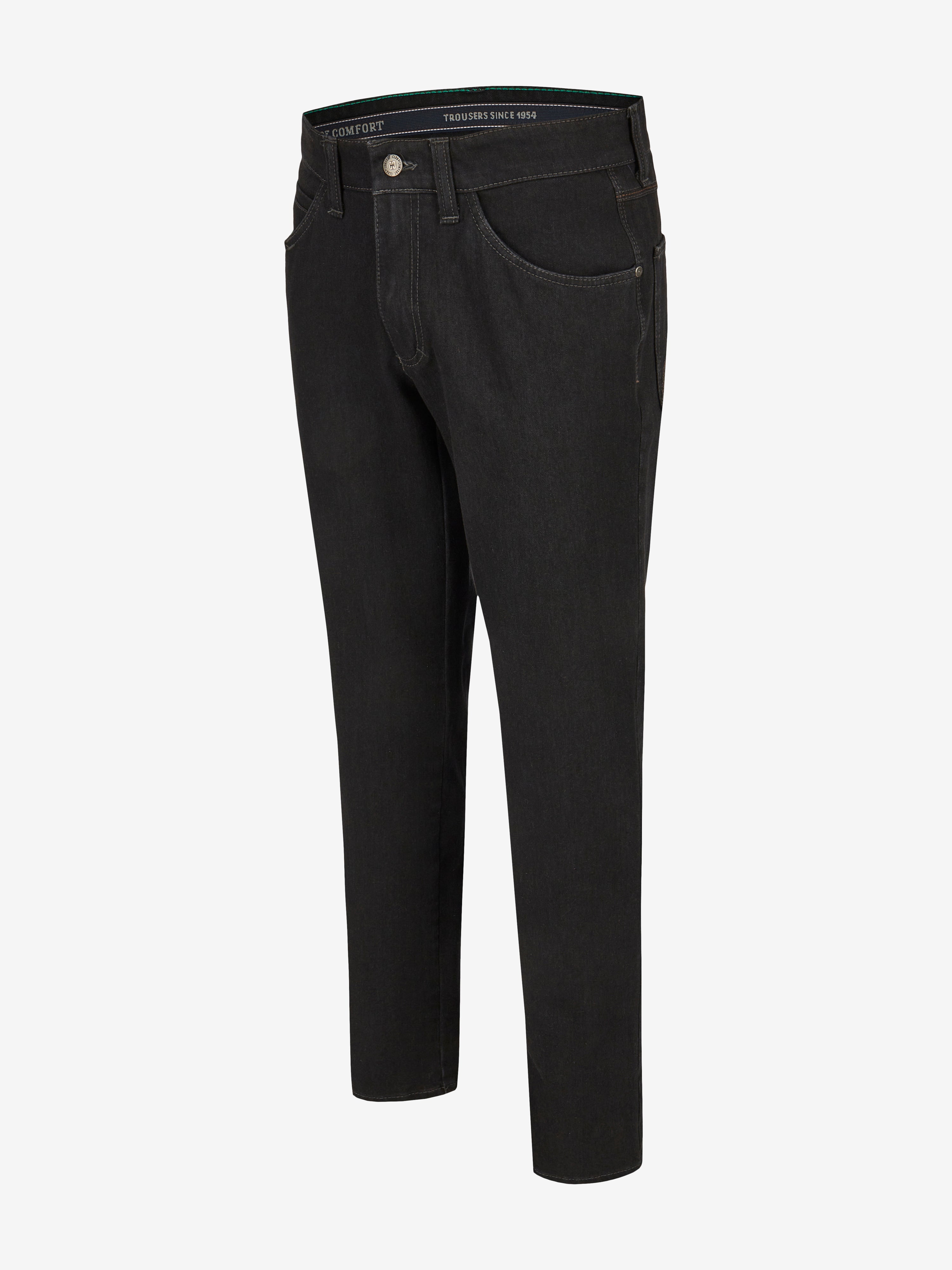 Schwarze Herren-Hose "HENRY-Z7054" von Club of Comfort, aus elastischem Bi-Stretch-Denim mit T400, 6-Pocket, Regular Fit, elastischer Doppelstoffbund, Hemdstopper, separate Mobile Pocket in der rechten Vordertasche, formstabil, mit schmalem Bein und normaler Leibhöhe.