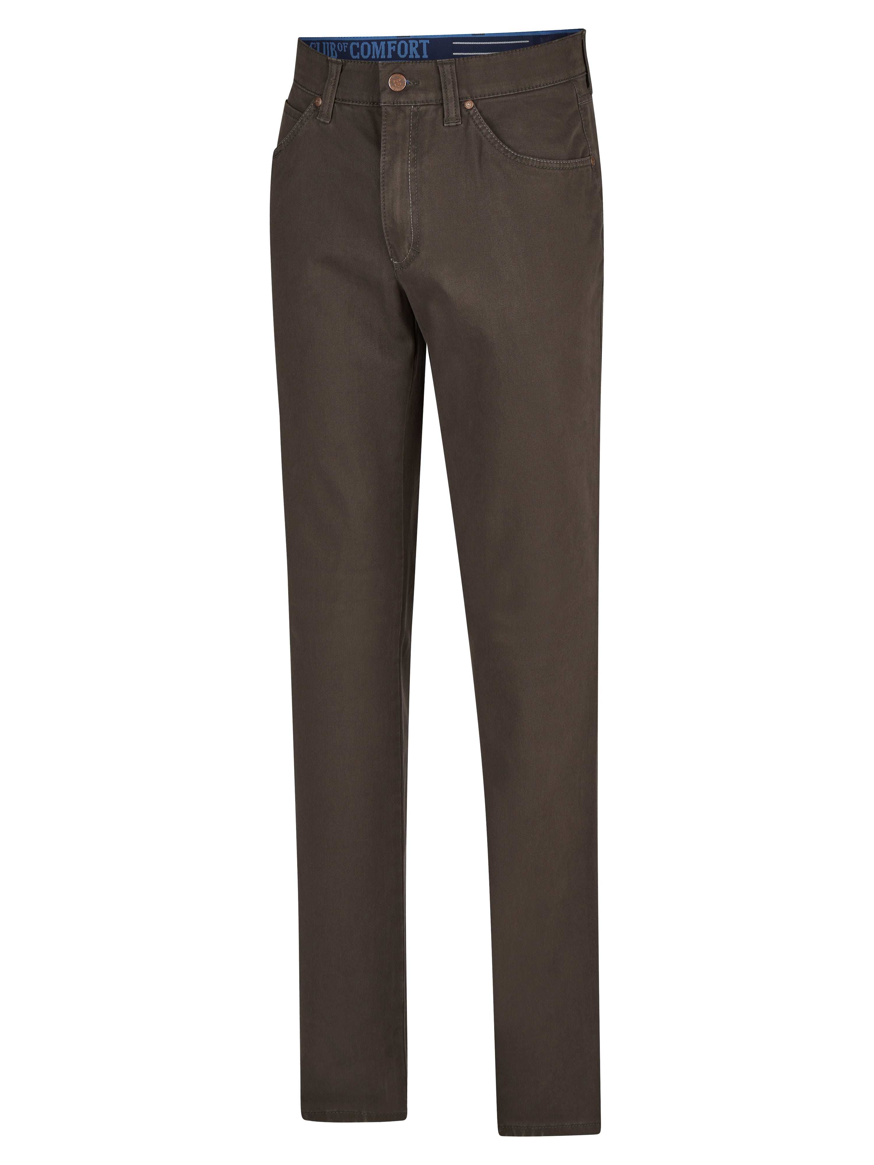 Graue Damenhose von Club of Comfort, Modell HENRY 8070, mit 6-Pocket-Stil, elastischem Doppelstoffbund, Hemdstopper und separater Mobile Pocket in der rechten Vordertasche. Bequeme Baumwollqualität, Regular Fit, niedrigere Leibhöhe, schlankes Bein, 360-Grad-Stretch, made in Green by Oeko-Tex, geeignet für Ganzjahres, in schmaler Fußweite.