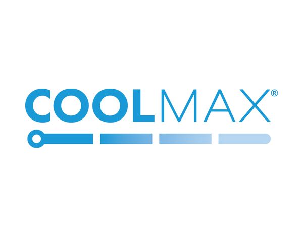 Das Logo von COOLMAX, bestehend aus dem Wort "COOLMAX" in blauer Schrift, wobei "COOL" fettgedruckt ist und "MAX" in einer dünneren Schrift, sowie einer grafischen Linie, die eine Temperatur- oder Temperaturregulierungsskalierung symbolisiert, in verschiedenen Blautönen.