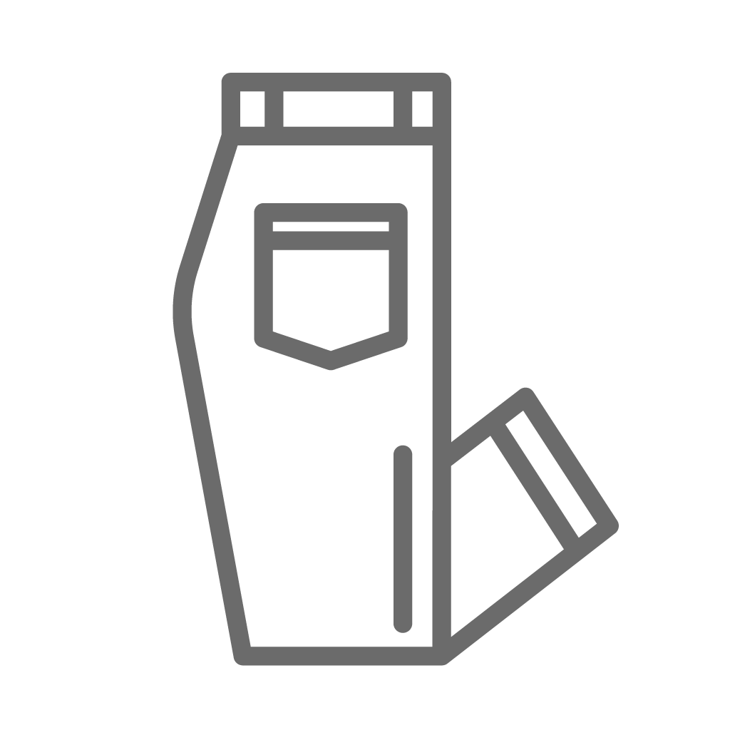 Ein grau gestaltetes Icon eines Jeanshosen-Designs mit einer Tasche auf der Rückseite und einem angelehnten Stück Stoff.