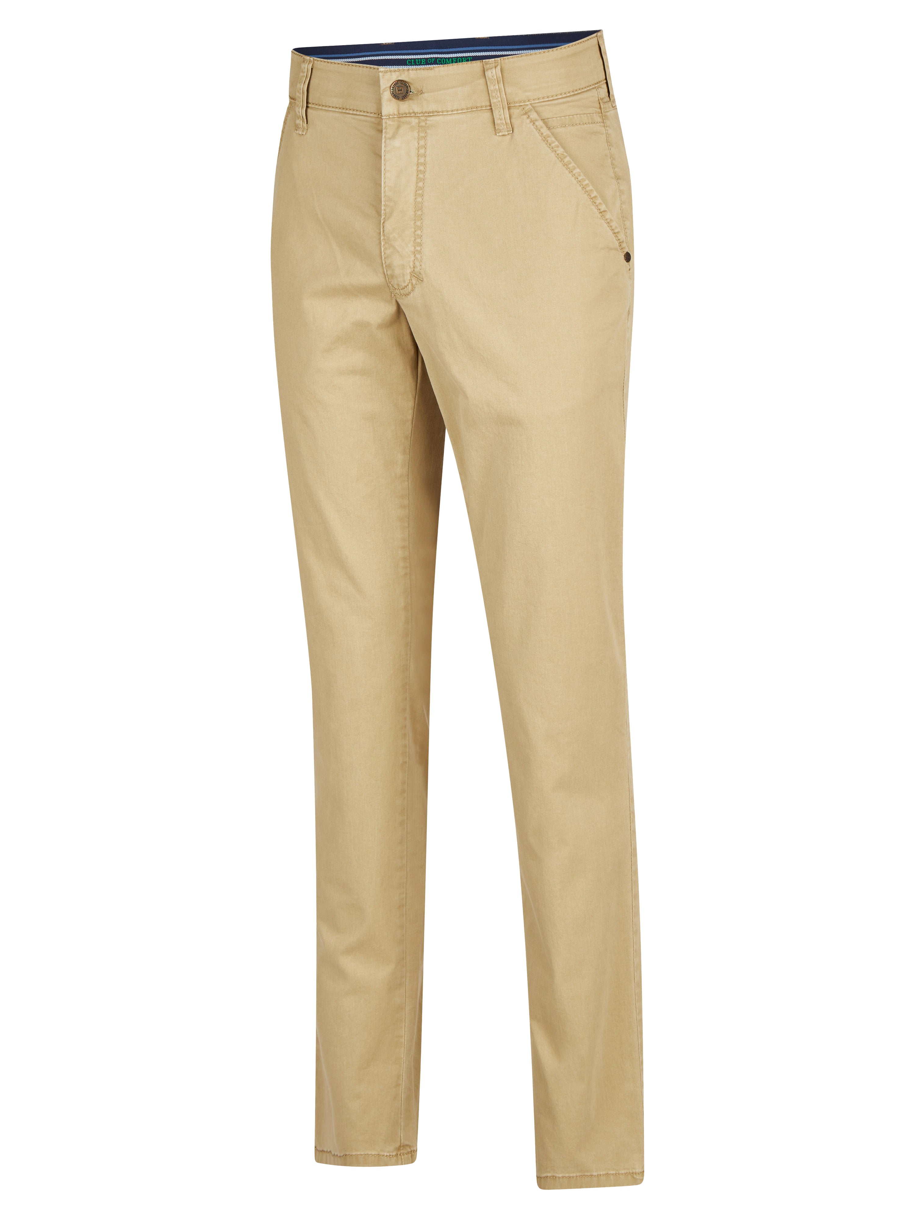 Beige Chinohose PHIL 7708 von Club of Comfort mit Slim Fit, elastischem Komfortbund, Hemdenstopper und Münztasche. Aus leichtem Baumwoll-High-Stretch, mit cleanem Look, weicher Haptik, normaler Leibhöhe und schlanker Beinweite. Ideal für Frühling/Sommer.