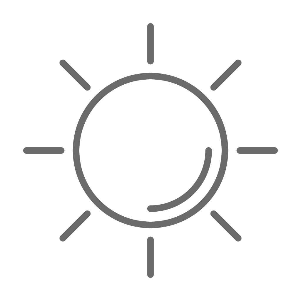 Symbol eines stilisierten Sonnenscheins mit einem Kreis in der Mitte und acht Strahlen, die nach außen ragen, symbolisiert Sonnenlicht oder Wärme.