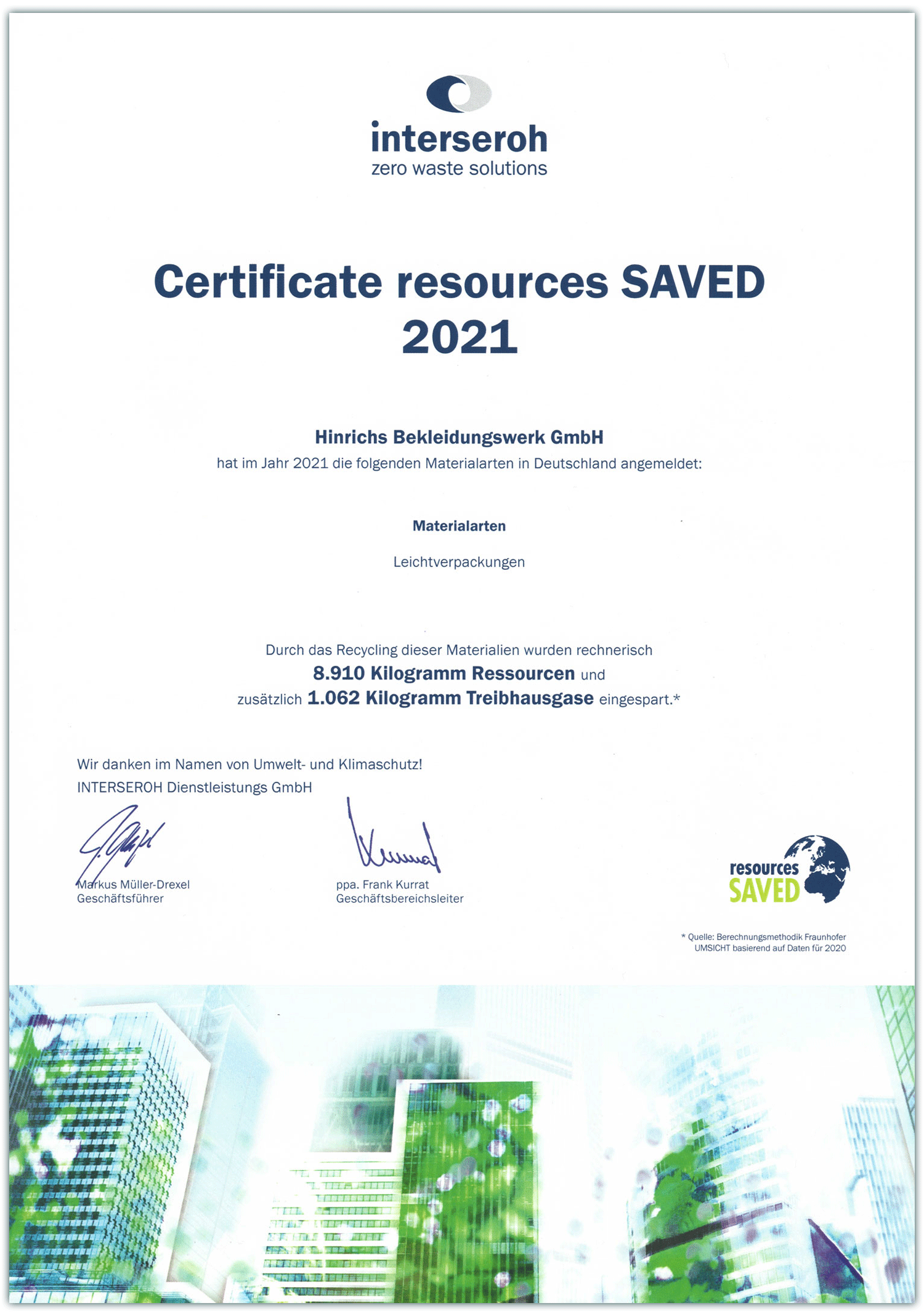 Zertifikat von InterseroH für das Jahr 2021, das Ressourcen im Bereich Leichtverpackungen eingespart hat, verbunden mit einem Dankeschön für Umwelt- und Klimaschutz.