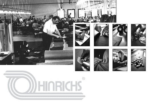 Schwarz-Weiß-Bild eines Textilbetriebs mit einem Arbeiter, der Stoff zuschneidet, und einer Collage von neun Fotos, die verschiedene Arbeitsschritte bei der Stoffverarbeitung zeigen, darunter Schneiden, Falten und Verpacken. Das Firmenlogo "HINRICHS" ist im unteren linken Bereich sichtbar.