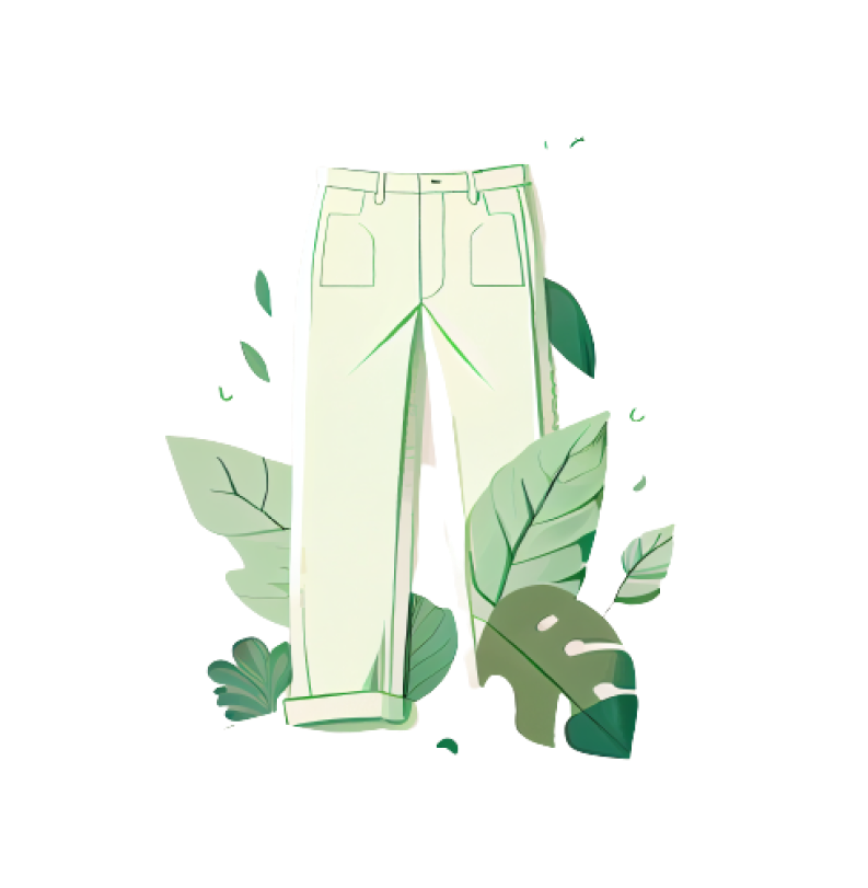 Ein Paar hellgelbe Jeans mit geradem Schnitt, sichtbare Taschen vorne und Gürtelschlaufen, umgeben von grünen Blättern.