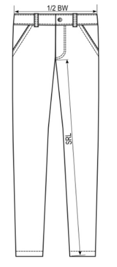 Zeichnung von einer Hose mit Details wie Gürtelschlaufen, Knopf, Reißverschluss, und einer Markierung für die Taillenweite (1/2 BW). Die Hose hat gerade Beine und ist in schwarz-weiß gehalten.