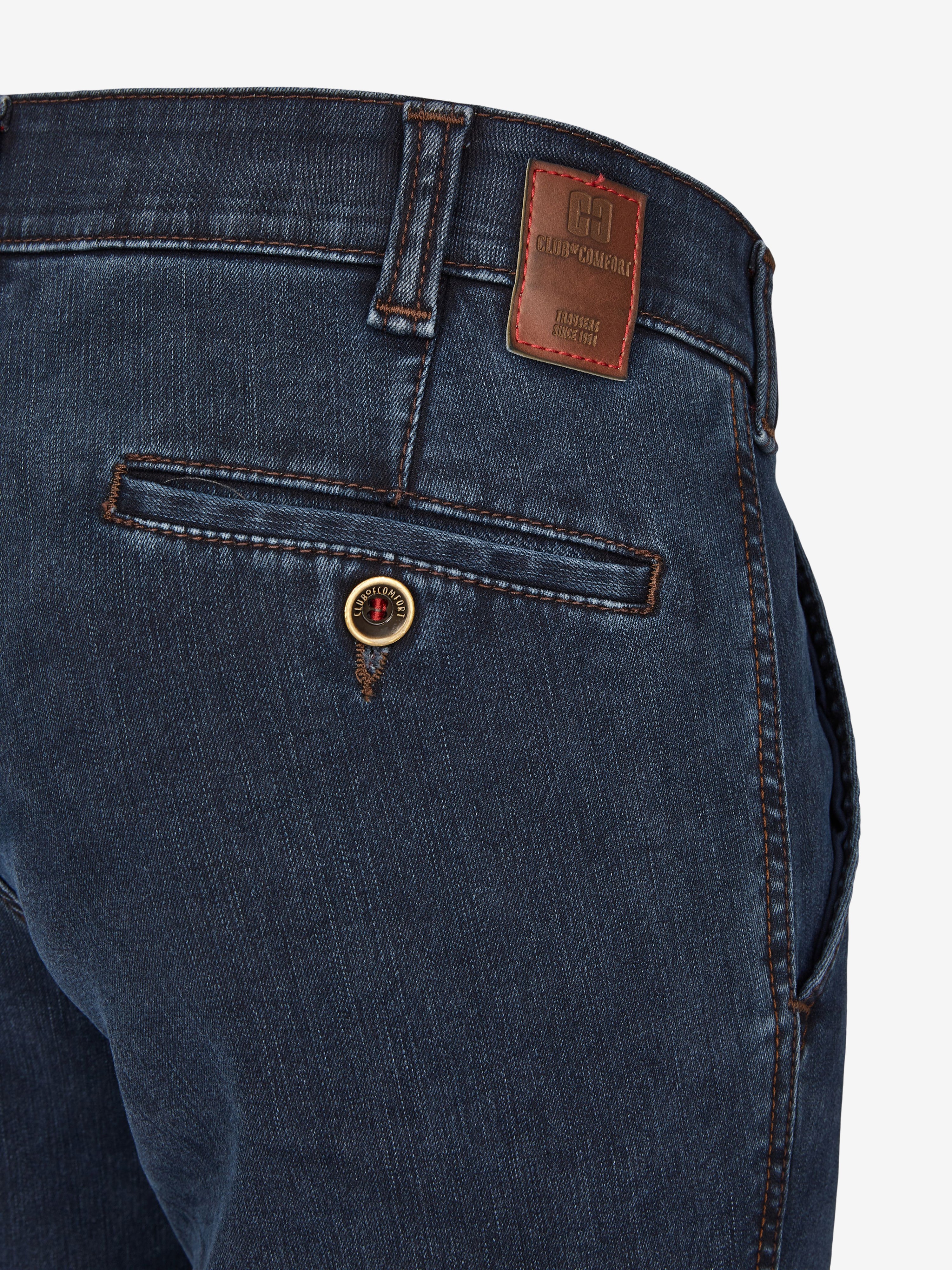 Hübsche dunkelblaue Flat Front-Hose GARVEY 6822 aus High Stretch-Denim mit Thermolite-Wärme isolamento, elastischem Komfortbund, Hemdstopper und Bundverlängerung mit Knopf und Haken. Regular Fit, schmaler Beinverlauf, Made in Green by Oeko-Tex, ideal für Herbst/Winter.