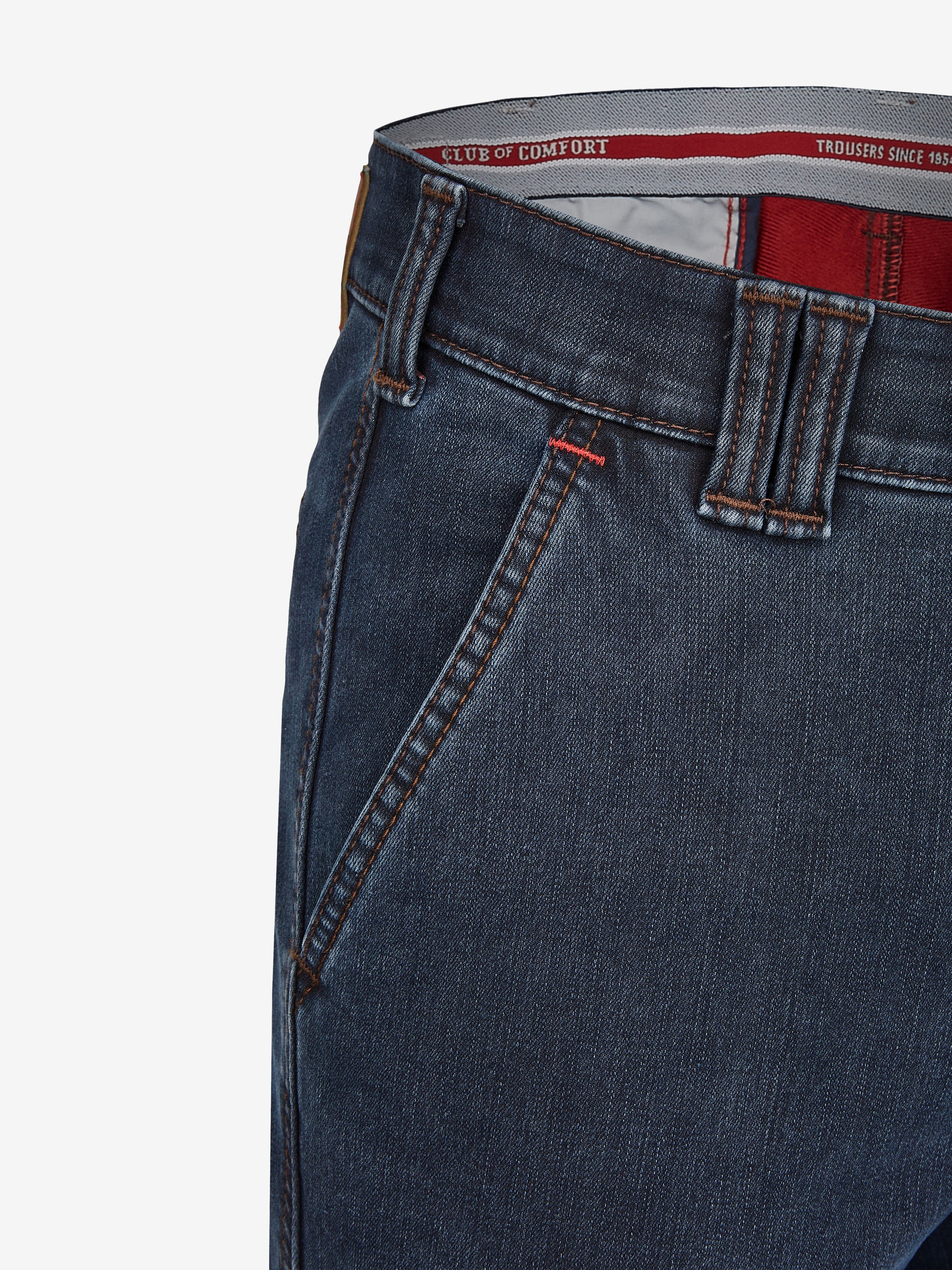 Dunkelblaue GARVEY 6822 Flat Front-Hose aus High Stretch-Denim mit Thermolite-Wärmeisolierung, elastischem Komfortbund, Hemdstopper, Bundverlängerung mit Knopf und Haken, Regular Fit, schlanker Beinverlauf, für Herbst/Winter, hergestellt in Green by Oeko-Tex.