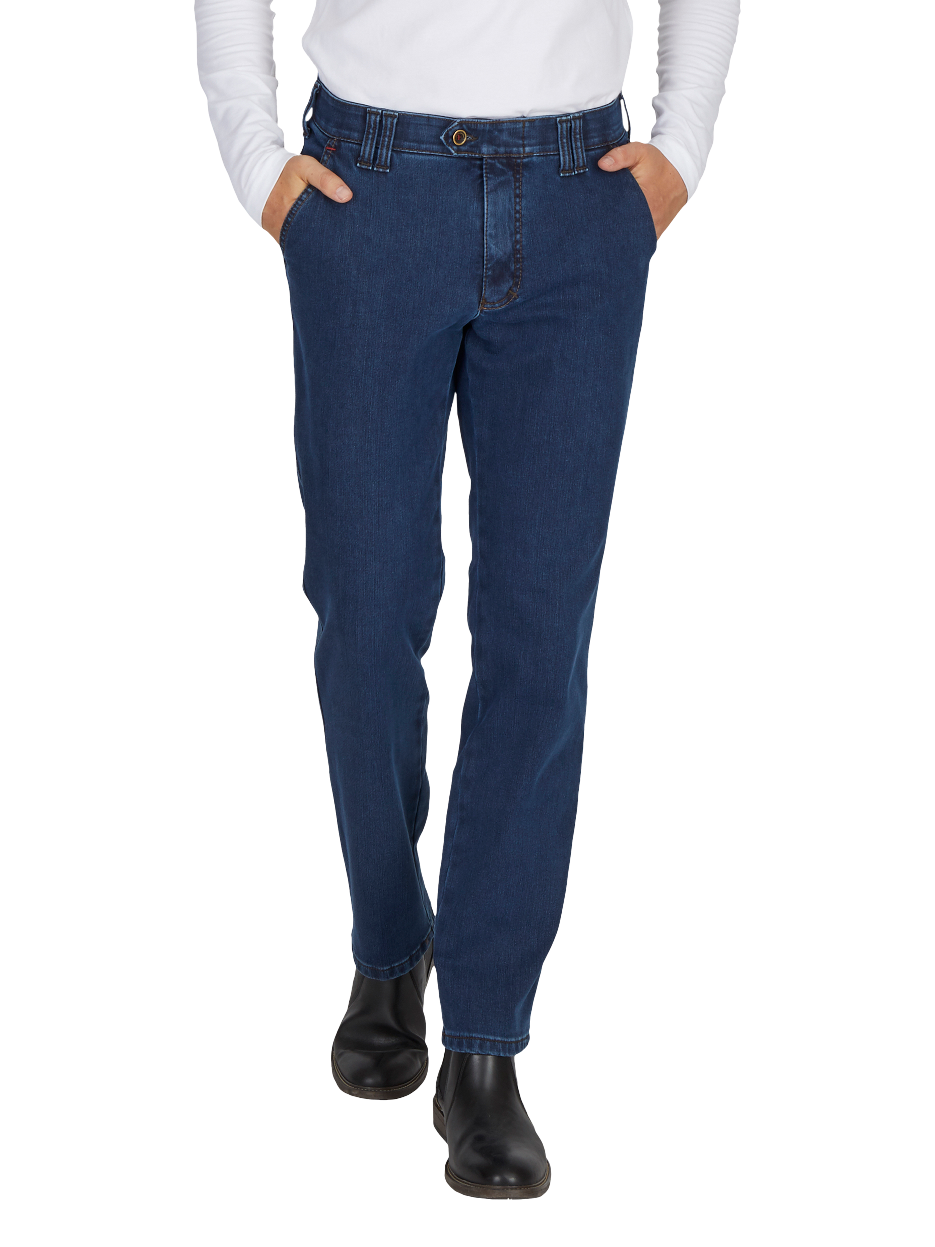 Hose GARVEY 6822 in jeansblau, bequemer Flat Front mit elastischem Komfortbund, Bundverlängerung mit Knopf und Haken, High Stretch-Denim mit Thermolite-Wärmeisolierung, normale Leibhöhe, schmaler Beinverlauf, hergestellt von Club of Comfort, passend für Herbst/Winter, reguläre Figur.