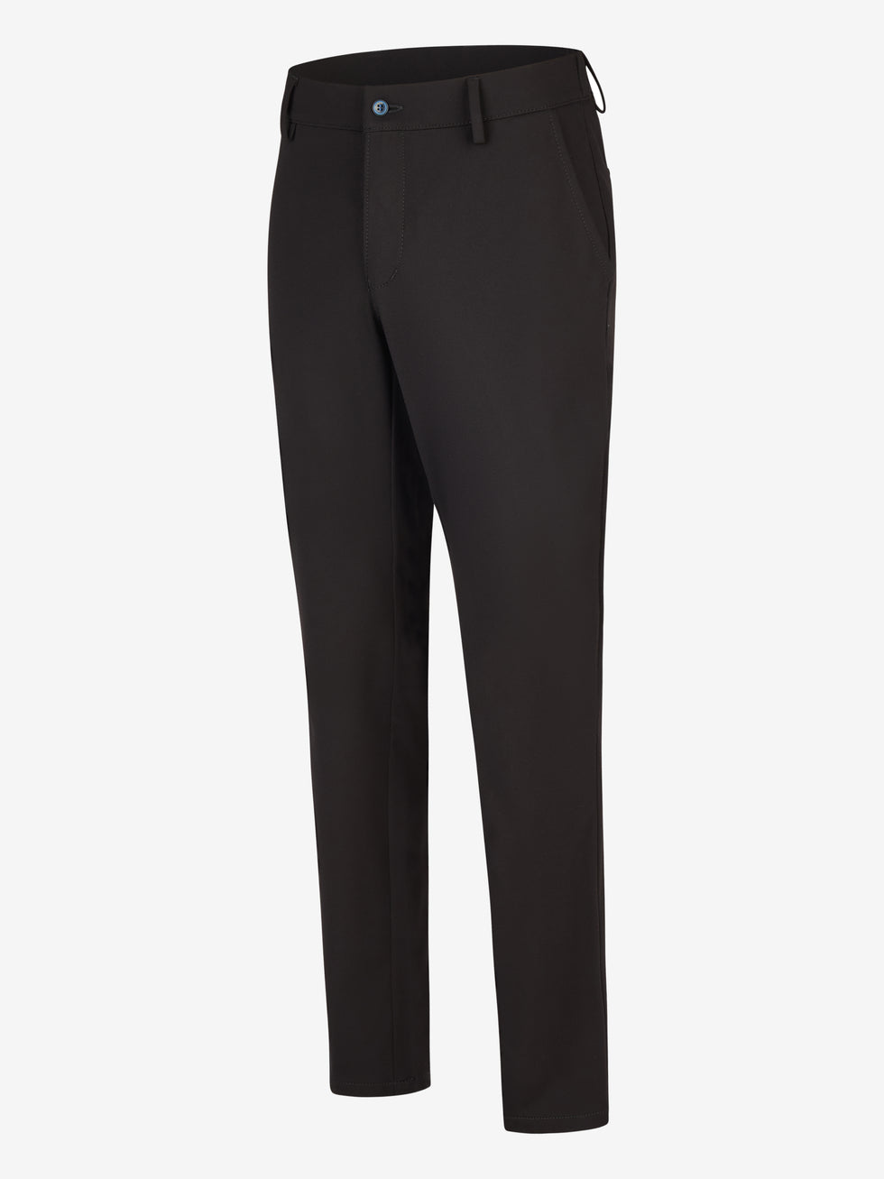 Schwarze Slim Fit Chino-Hose FOXX 8240 von Club of Comfort aus hochelastischem Polyamid-Viskose-Mix mit elastischem Smokbund, Hemdstopper, auf weißem Hintergrund.
