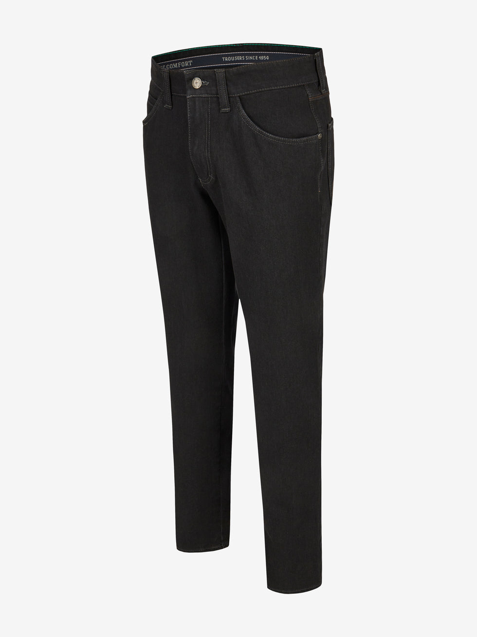 Schwarze Herren-Hose "HENRY-Z7054" von Club of Comfort, aus elastischem Bi-Stretch-Denim mit T400, 6-Pocket, Regular Fit, elastischer Doppelstoffbund, Hemdstopper, separate Mobile Pocket in der rechten Vordertasche, formstabil, mit schmalem Bein und normaler Leibhöhe.